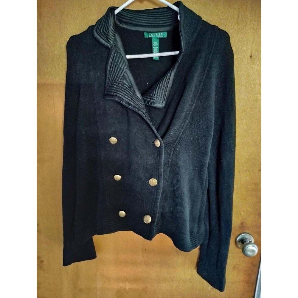 Lauren By Ralph Lauren Black Cotton Double-breasted Gold Button Jacket Size L